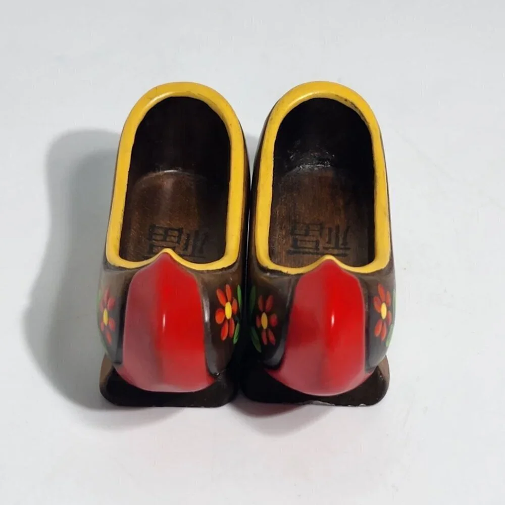Miniature Hand Painted Vintage Wooden Clogs With Floral Design Red Tips Pair